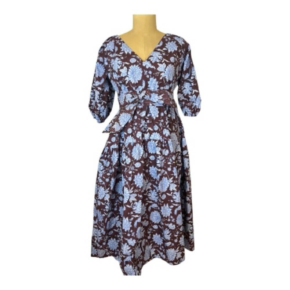 Echo of Pink Blue and Brown Floral Cotton Belted Floral Midi Dress